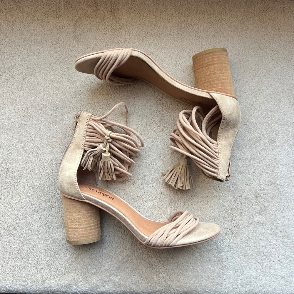 Jeffrey Campbell Pallas Women 7.5 Tan Suede Tassel Strappy Block Heel Sandal